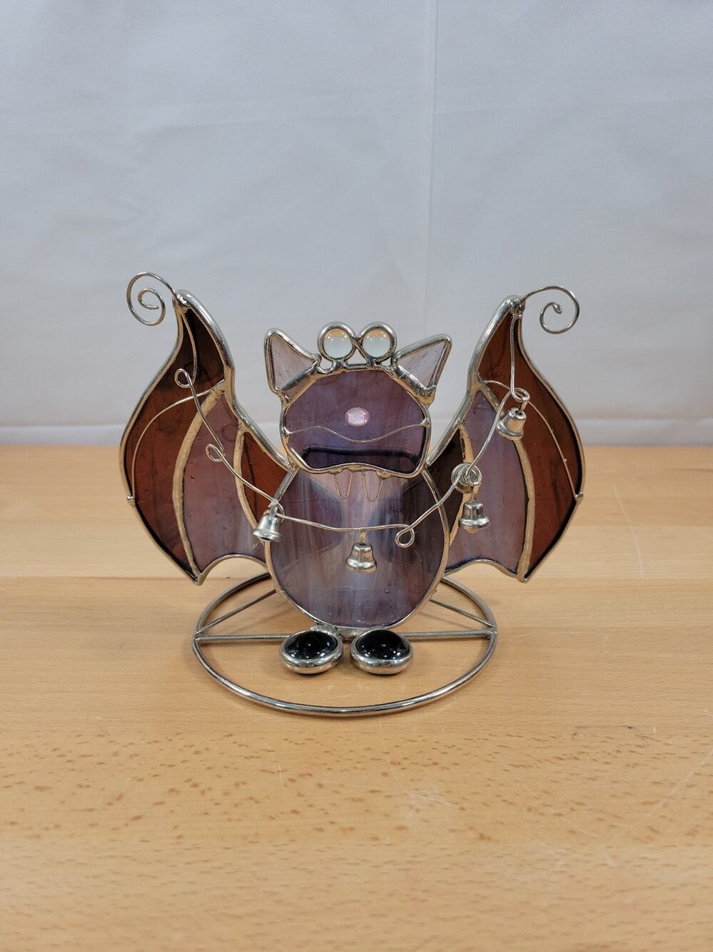 Halloween Stained Glass Bat with Bells Tea Light Candle Holder